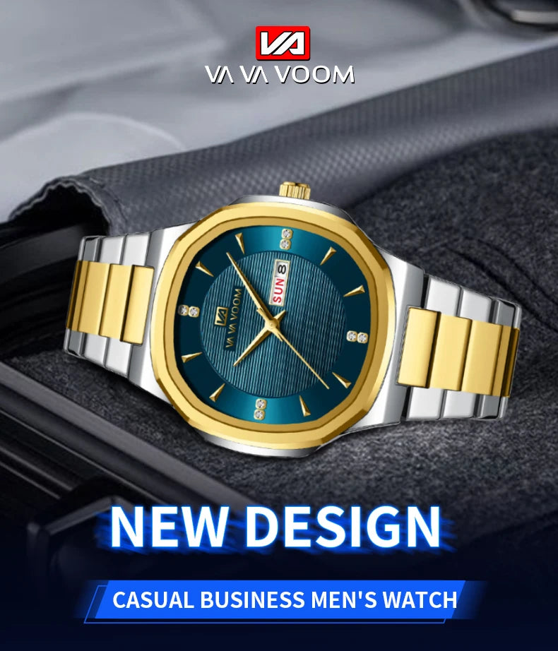 VA VA VOOM Men Watch Fashion Silver Black Stainless Steel 41mm Casual Business Style Week 3Bar Waterproof Sports Quartz Watches