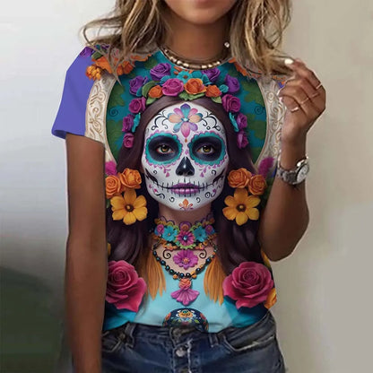 T-shirt for Girls Summer Short Sleeve Casual Sexy Girls Clothes Horror Undead Skull Pattern oversized T-shirts