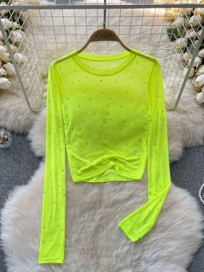 T-shirts Women Cropped Sequins Slim Sheer Solid Spring Summer Sexy Style Cozy Thin O-neck Clubwear European