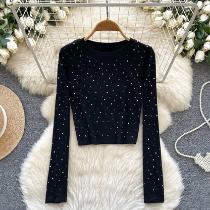 Long Sleeves Hotsweet O-neck Fashion Rhinestone Slim Top French Streetwear Sexy High Street Autumn Winter Women T-Shirts