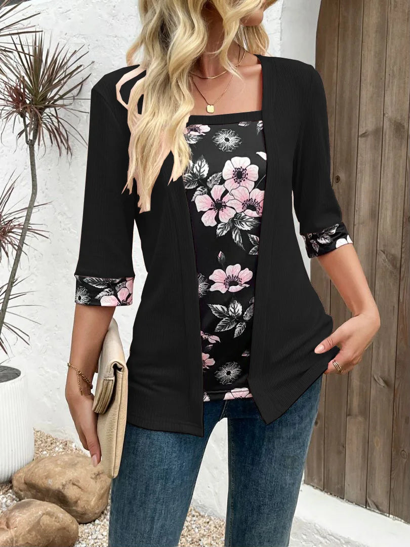 European,Clothes,Elastic,T-Shirt,Women,Chic,Sexy,Fake two pieces,Patchwork,Print,Tops,Half Sleeve,Loose,Tees,