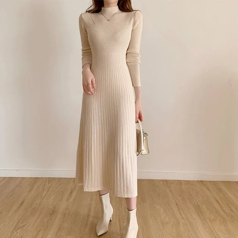 Slim Long Sleeve Party Midi Dress for Women Knitted Half High Collar Elegant Knitted Sweater Dresses Ladies