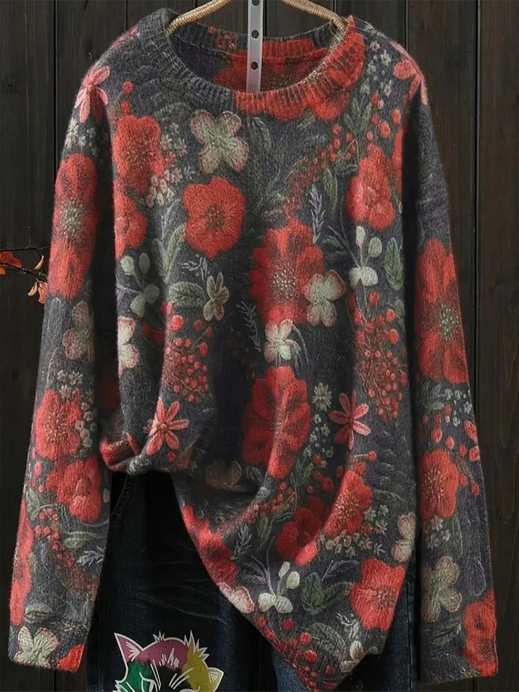 plus Size Printed Crew Neck Knit Sweater for Women Loose Casual Autumn Winter Top Trendy Fashion Best Choice