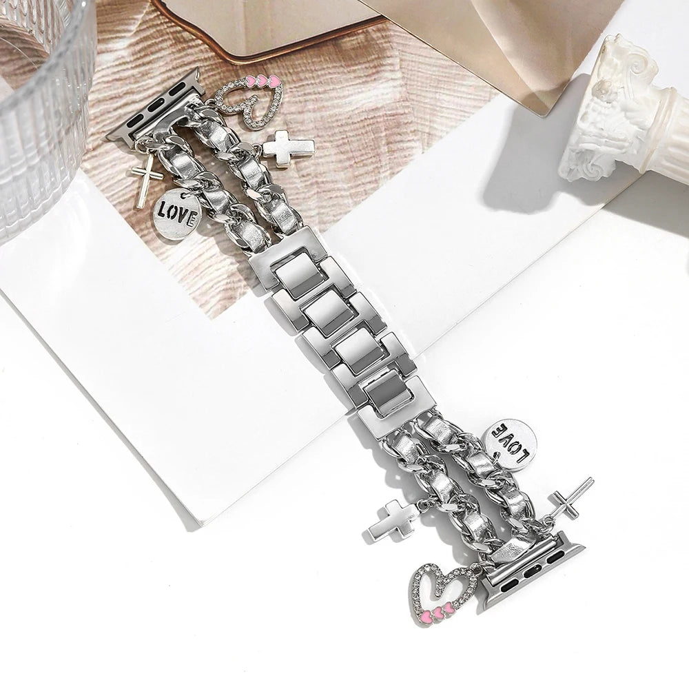 Stylish Metal Charms Watch Strap Compatible with Apple Watch Bands 38/40/41/42/44/45/49mm Replacement Strap with Unique Pendants