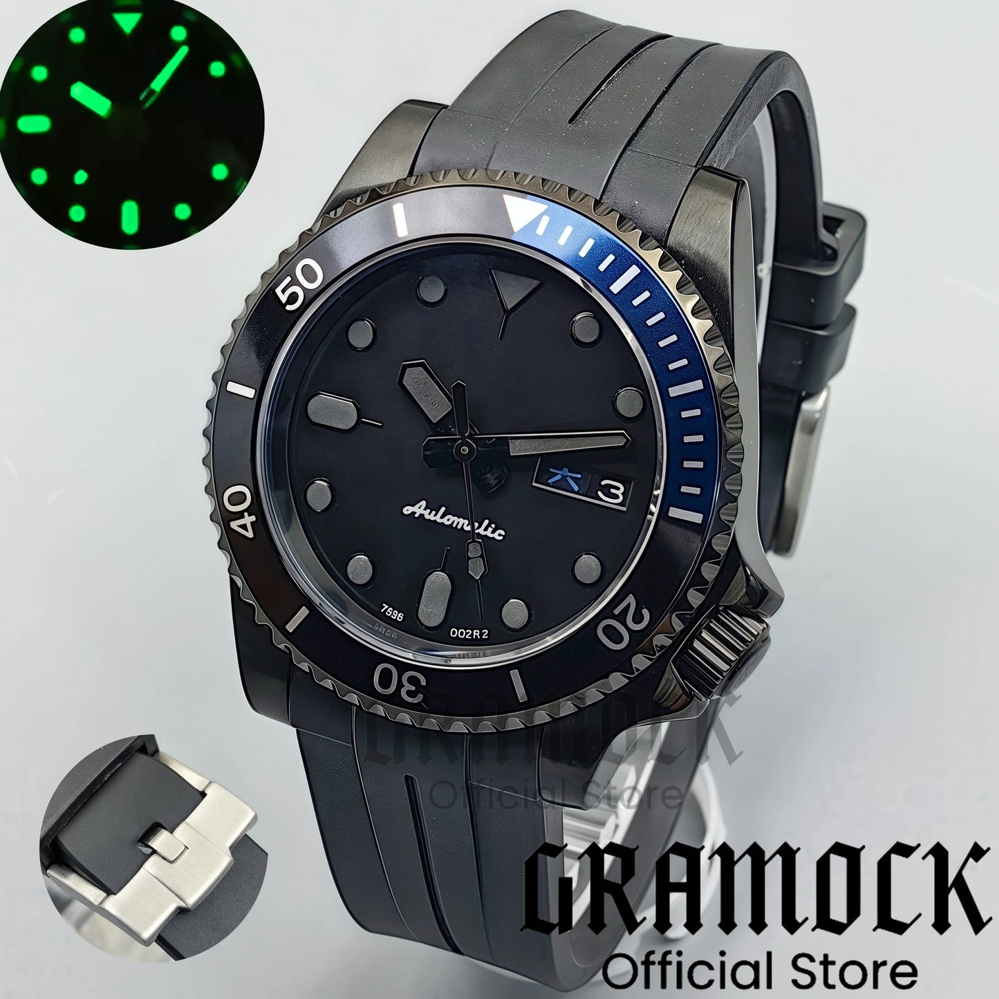 Gramock 40mm Men's Watch NH36 Movement Week-day Display Function Full Black Dial PVD Case Curved End Rubber Strap Waterproof