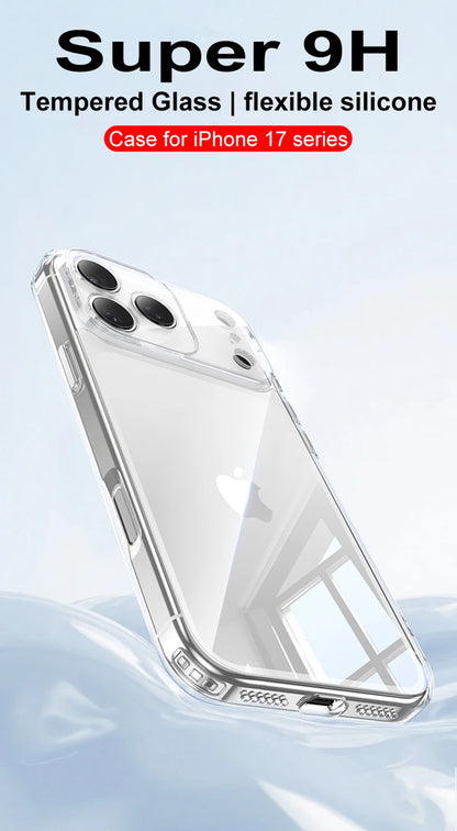 Luxury Tempered Glass Hard Phone Case For iPhone 17 Air 16 15 14 13 12 Pro Max Plus Mini 16E Hybrid Clear Soft Silicone Shell 17