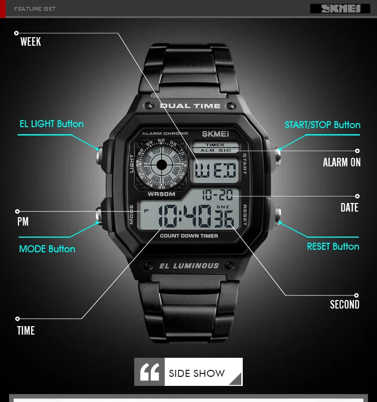 SKMEI 1335 Digital Watch for Men Retro Sports Waterproof Chrono Electronic Mens Wristwatches Stainless Steel Clock Reloj Hombre