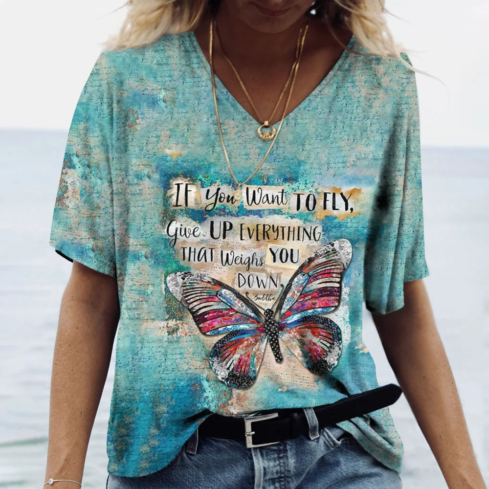 Summer Women's T-Shirt Vintage Casual Fashion V Neck Pullover Short Sleeve Butterfly Print Loose Daily Tops Design Clothing