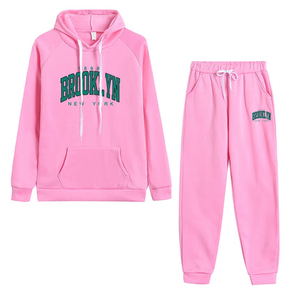 Women's Autumn Winter Casual Sports Jogging Suits Green Brooklyn Printed Hoodies and Sweatpants Girls Urban Fashion Warm Outfits