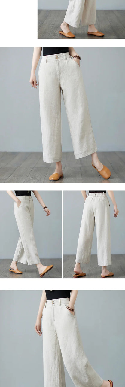 High Waist Wide Leg Cotton Linen Workwear Pants Women Loose Casual Straight Long Trousers Summer Faion plus Size All Match