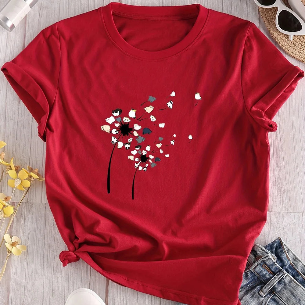 T-shirt Summer Fashion Short sleeved Top Flower Print Loose Clothing Women's Party T-shirt