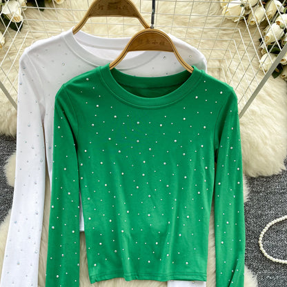 Long Sleeves Hotsweet O-neck Fashion Rhinestone Slim Top French Streetwear Sexy High Street Autumn Winter Women T-Shirts