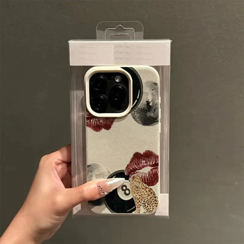 For iPhone 17 16 15 14 13 12 11 Pro Max Case Vintage Lip Print Leopard Print Pool Cover For iPhone 17Air 16 15Plus X XS XR Funda