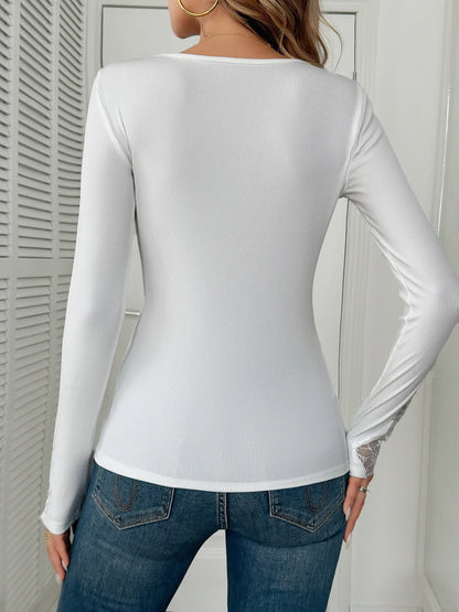 Women's T-Shirt Clothes New Solid Color Collar and Cuffs Splicing Lace Lace Rhinestone Long-sleeved T-shirt Tops Female