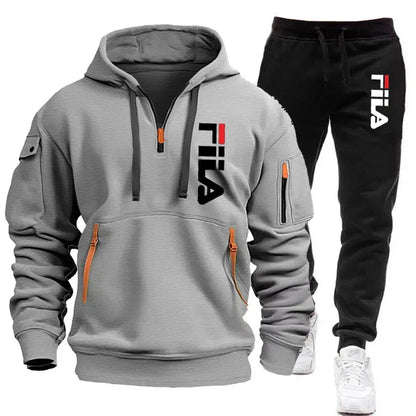 Autumn and Winter 2025 new men's hooded sweatshirt + pants two-piece set, outdoor multi-pocket men's pullover sportswear set
