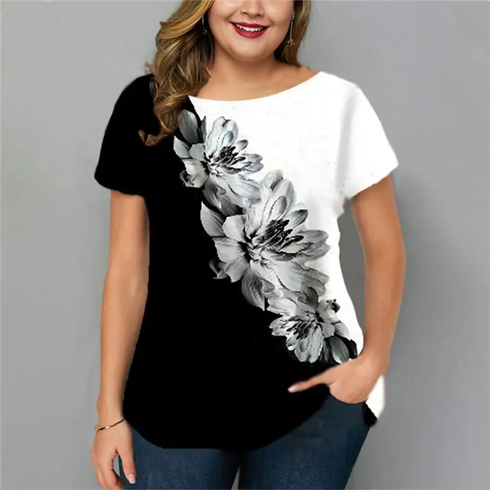 T-Shirts Spring Clothing Floral Graphic O-Neck Pullovers Short Sleeve Tops Streetwear Oversized Apparel Ladies 2023