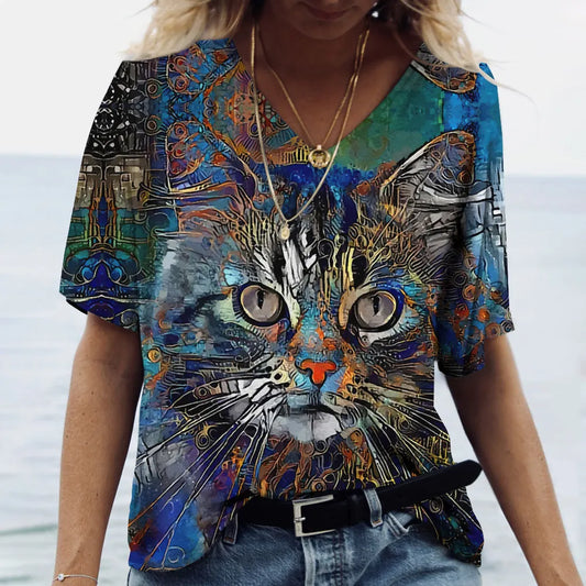 Tshirt Women's Summer Casual Oversize Dazzle Color Cats Print Shirt Short Sleeve Top Vintage FemaleStreetwear Y2k Clothes