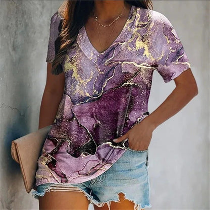 Colorful Tassels Print T-Shirt Fashion Women's Short Sleeve V-Neck T-Shirt Summer Casual Elegant Women's Large Size T-Shirt