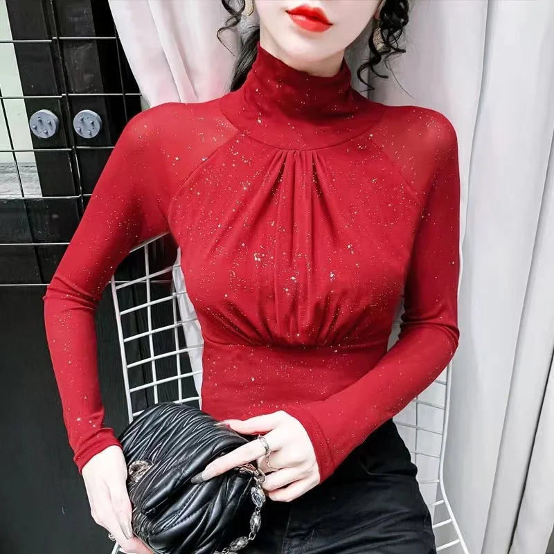 Women Mesh top High neck Sexy Black bottoming t shirt Casual Bright silk Lady shirt Blusa