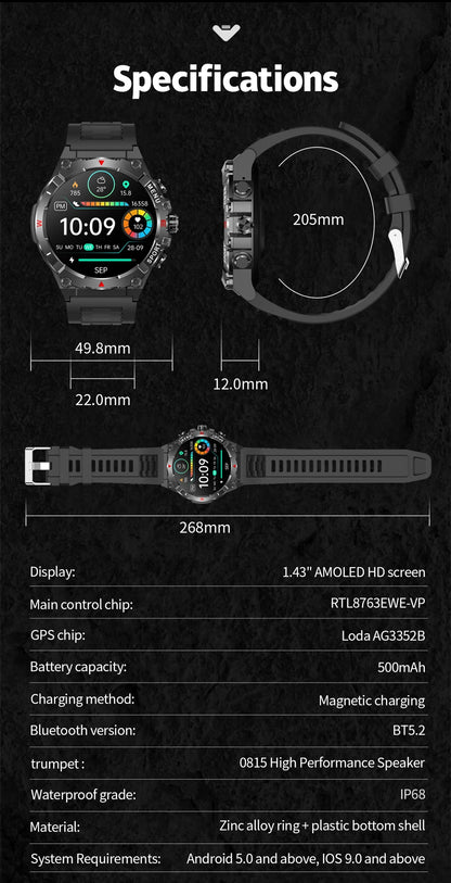 COLMI V76 GPS Smartwatch 1.43" Ultra AMOLED Display Built-in Compass Altimeter Bluetooth Call Smart Watch 500mAh Battery