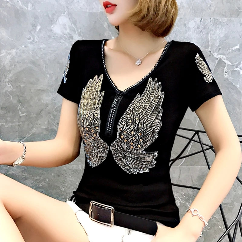 T-shirt For Summer Short Sleeve Pulovers Clothes Casual Aesthetic Cotton Tops Sexy V Neck Zipper Diamonds Tees