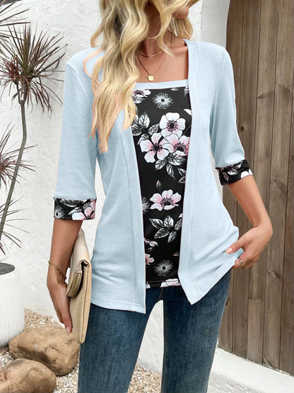 European,Clothes,Elastic,T-Shirt,Women,Chic,Sexy,Fake two pieces,Patchwork,Print,Tops,Half Sleeve,Loose,Tees,