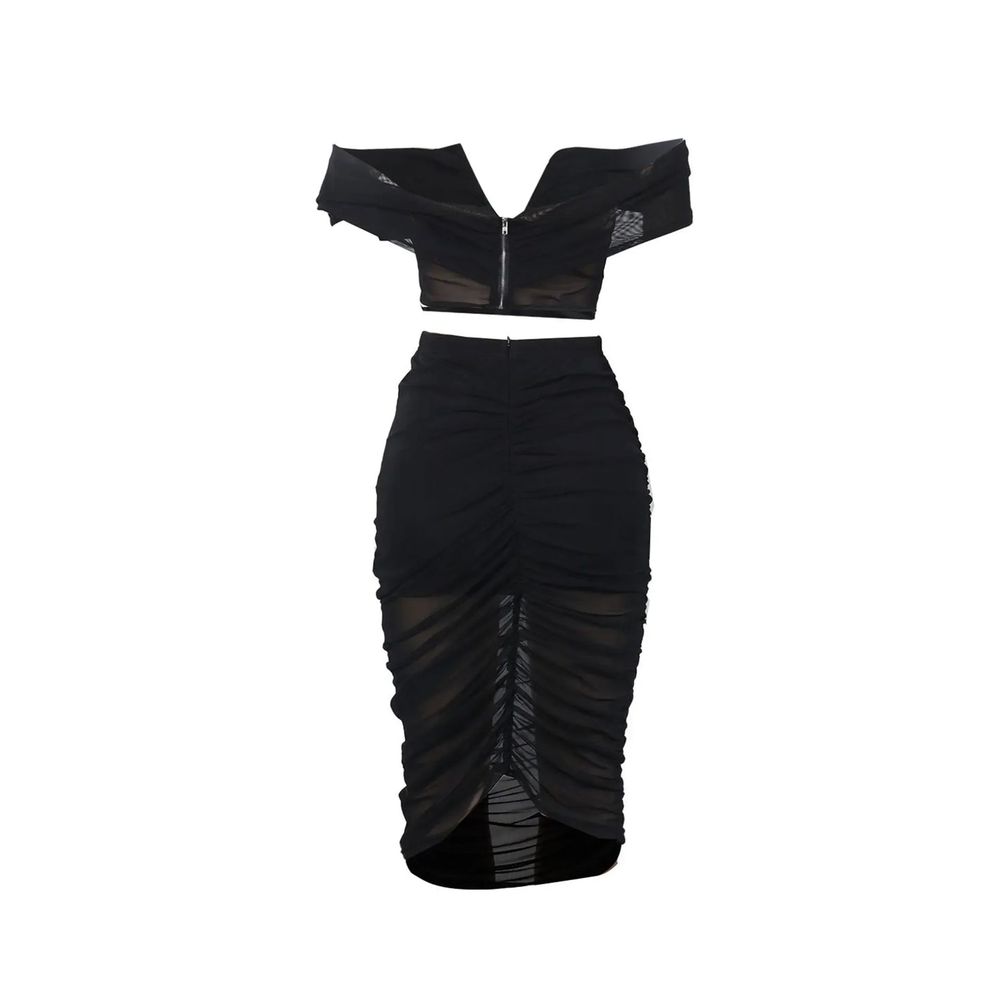 Slimming Mesh Splice Bum Covering Visibility Elastic Off-Shoulder 2-Piece Set European And American Style