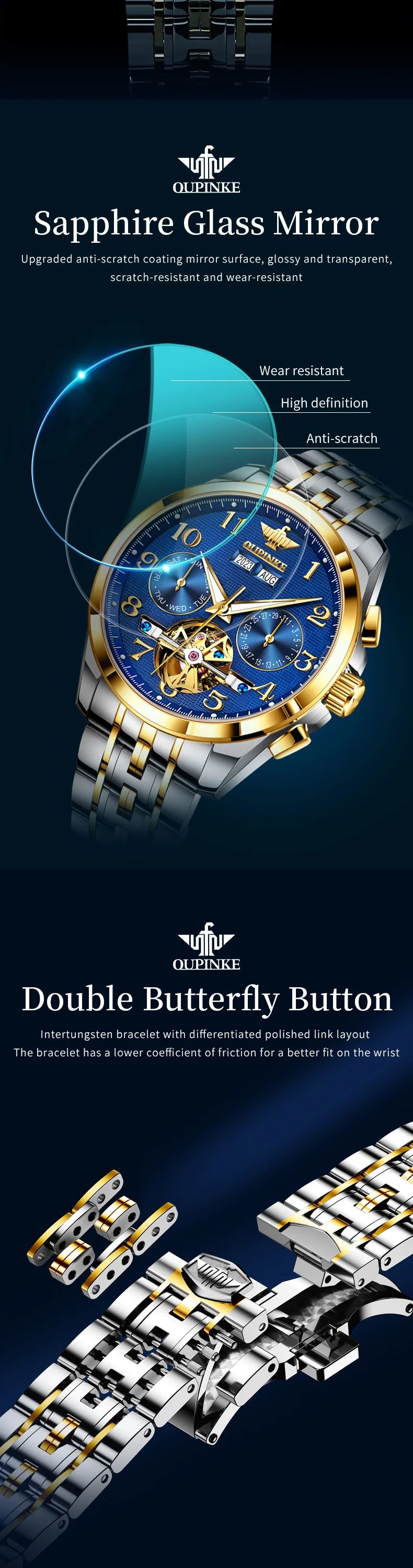 OUPINKE 3263 Mens Watch Luxury Flywheel Automatic Mechanical Watch﻿ 50M Waterproof Luminous Tungsten Steel Brand Watches New