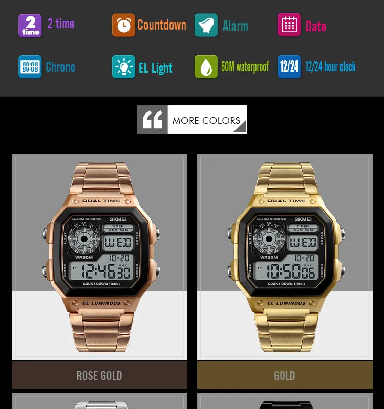 SKMEI 1335 Digital Watch for Men Retro Sports Waterproof Chrono Electronic Mens Wristwatches Stainless Steel Clock Reloj Hombre