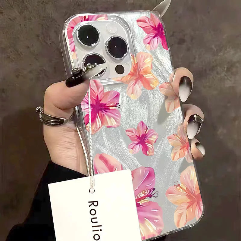 Shiny Phone Case For iPhone 17 16 15 14 13 12 11 Pro Max 16E 14 Plus 17 Air CWatercolor Hibiscus Flower Pattern Hard Cover