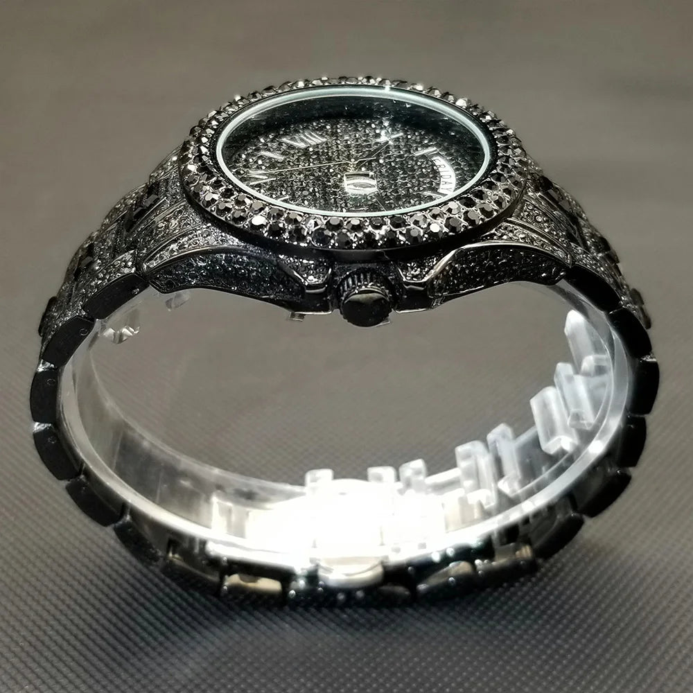 Diamond Wristwatch For Men Luxury 18K Gold Plated Quartz Watches Day Date Nightclub Party Watch Unisex Rapper Jewelry