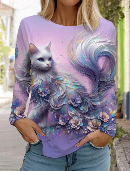 Long Sleeve 3D Printed Kitten Cute Print T-Shirt Women's Streetwear Round Neck Long Sleeve
