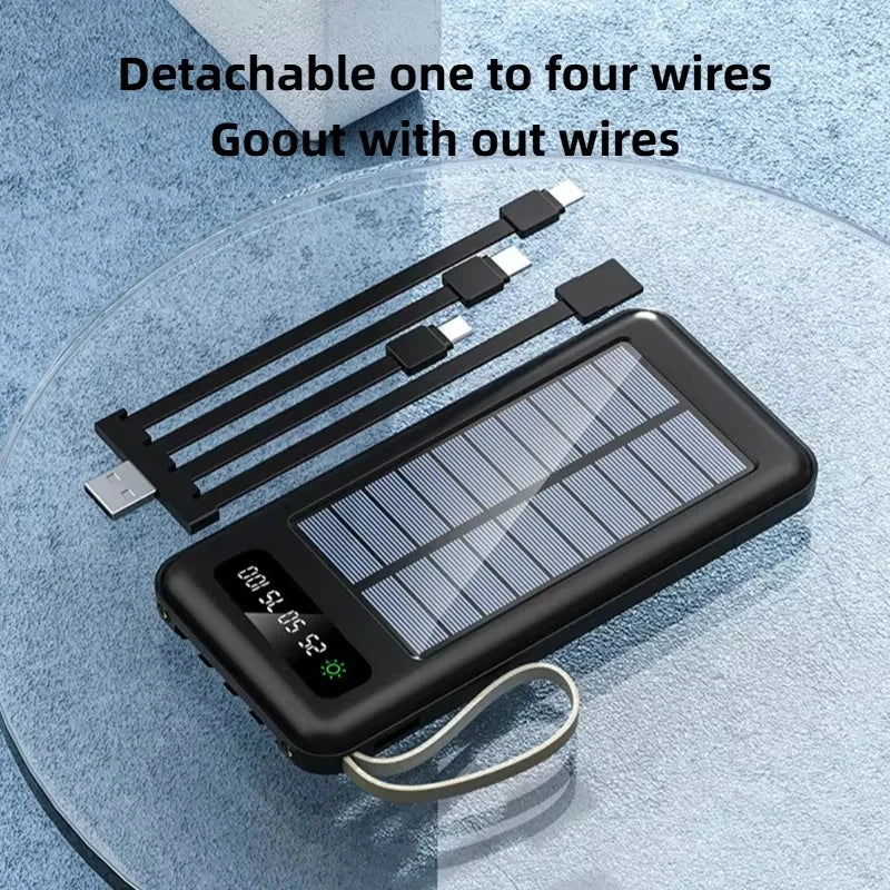 200000mAh Solar Power Bank Large Capacity Mobile Power Fast Charging Battery With Dual USB 4 Cables For iPhone Samsung