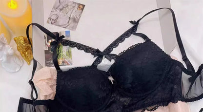 Lingerie Japanese Lace Bra Set, Heart Pendant Purple Lingerie Sexy & Pure Small Chest Push Up Bralette, Fashion Outerwear Design Enhancer