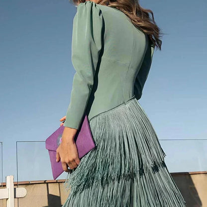 Solid Color Women Banquet Dresses French Style V-neck Long Sleeve Evening Dress Chic High Waist Pleated Tassel Hem Dress