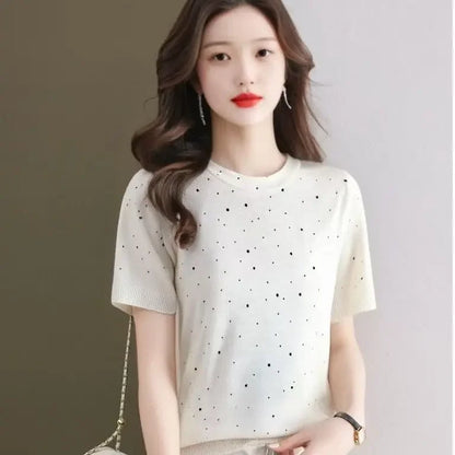 Korean Style round Neck Polka Dot Print Semi-Transparent Knitted Summer Fashion Short Sleeve Women's Top