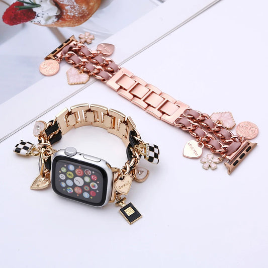 Stylish Metal Charms Watch Strap Compatible with Apple Watch Bands 38/40/41/42/44/45/49mm Replacement Strap with Unique Pendants