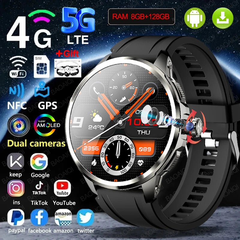 Full Network GPS WIFI Smart Watch Men 8GB+128GB RAM 1.95 inch AMOLED Screen 900W Camera Google APPS Smartwatch Android 9.0