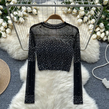 Thin See-tough Long Sve Me T-shirt ort Heavy-du Rhinestone Base irt Korean Sle Creative Pattern