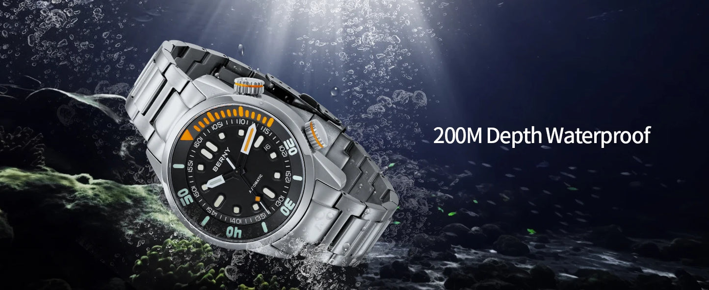 BERNY Automatic Dive Watch for Men Super Luminous Original Design 20ATM Diver Wristwatch Sapphire, Local Warehouse Fast Delivery