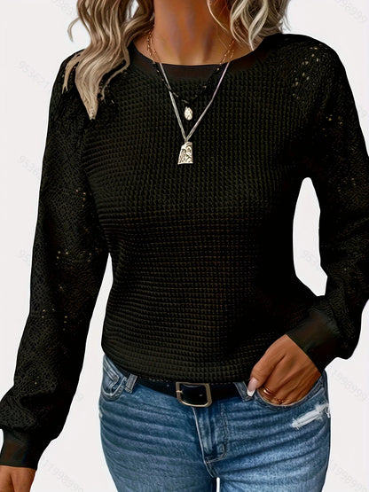 Solid Color Lace Long Sleeve Hollow Neck Casual Women's T-Shirt Top