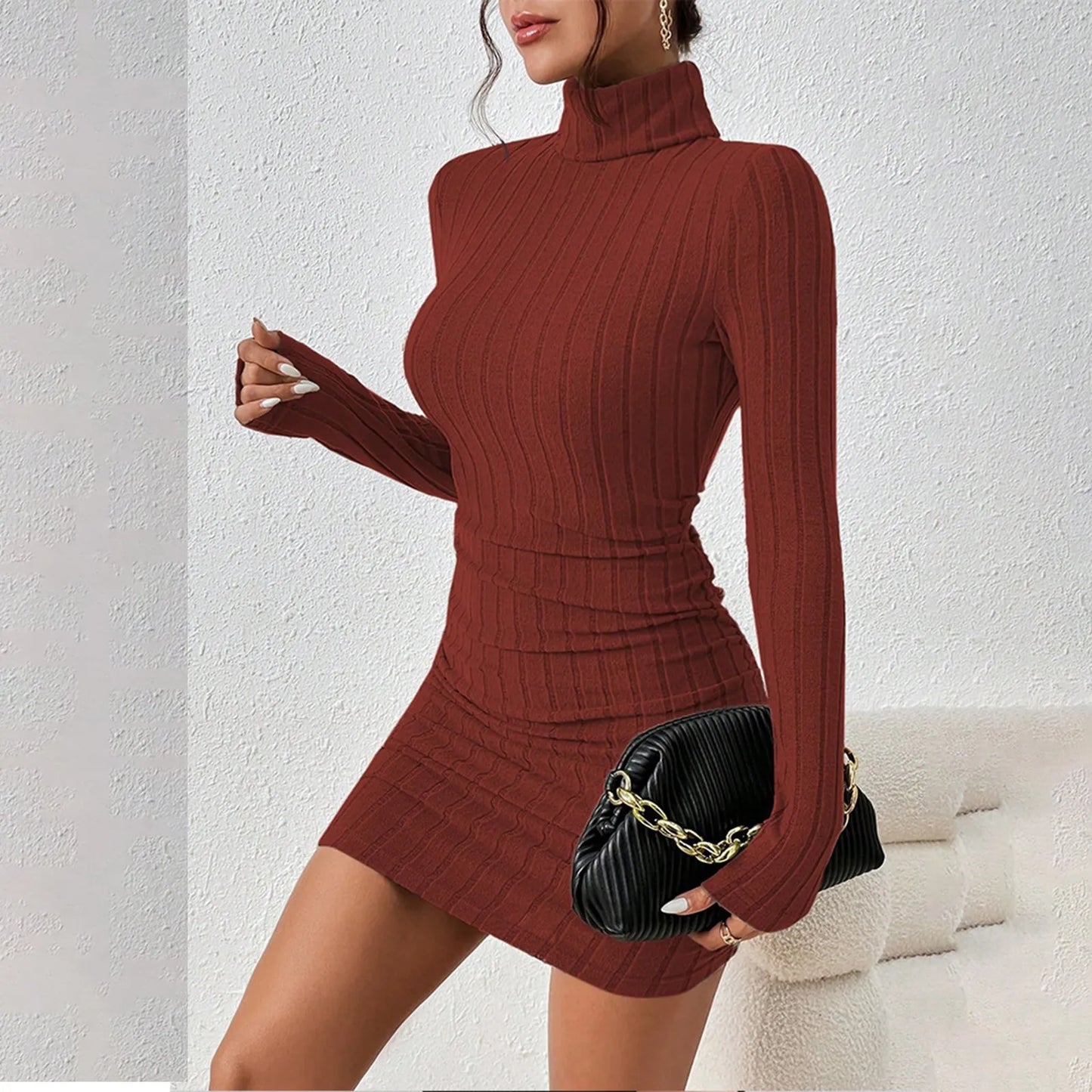 Knitted Bottoming Dress Women Elegant Party Autumn Winter Turtleneck Long Sleeves Sexy Sheath Mini Dresses Bodycon Club Dress