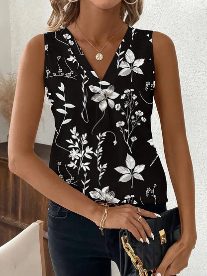 V-neck Vest New Fashion Plant Printed Sleeveless Top Pullover Simple Basic T-shirt
