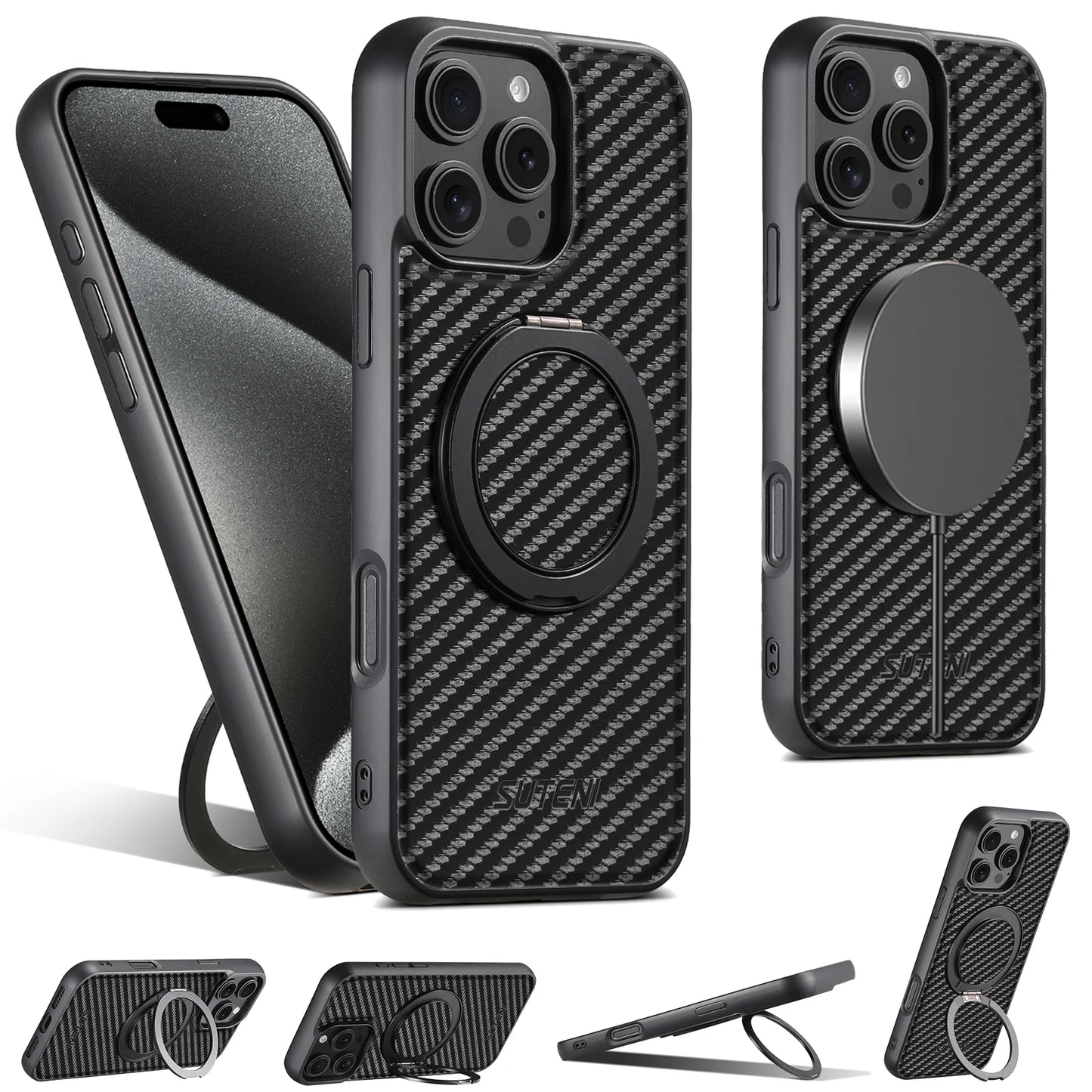 Compatible MagSafe Wireless Charging Strong Magnetic 360° Rotating Ring Stand PU Leather Phone Case For iPhone 17 16 15 14 13 12