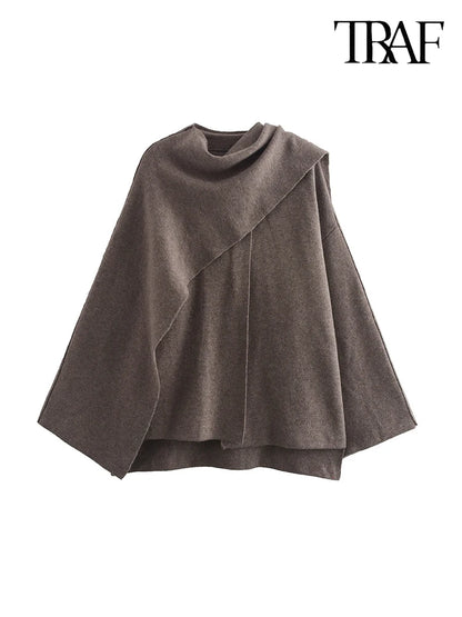 TRAF Women's Fashion Fall and Winter Comfortable Casual Commuter Coat Knitted Loose Warm Coat Asymmetric Elegant Split Jacket