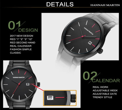Hannah Martin Men's Stainless Steel Watch Fashion Business Style Black Minimalist Style 3Bar Waterproof Quartz Movement Watches