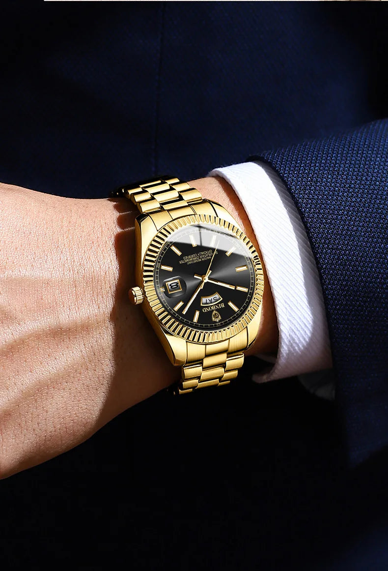 BINBOND Mens Quartz Watch Top Brand Sports Quartz Mens Watches Stainless Steel Waterproof Date Week Wristwatch Men Relogio