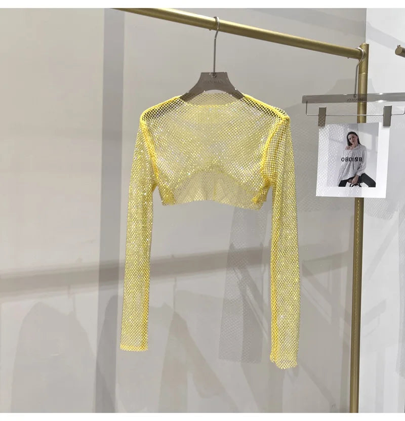 Bright diamond short top Slim thin Ms. hot drill long-sleeved T-shirt sexy leak waist nightclub