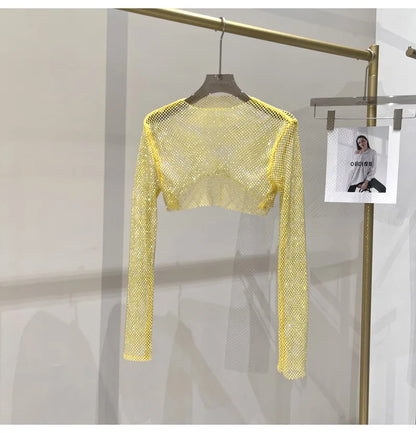 Bright diamond short top Slim thin Ms. hot drill long-sleeved T-shirt sexy leak waist nightclub