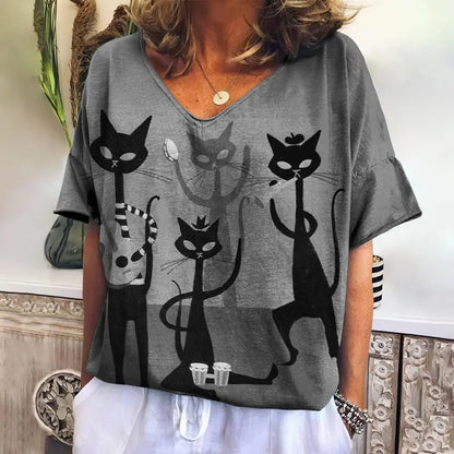 Women T Shirts Cartoon Cat Graphic Girls Clothing Large Size V Neck Short Sleeve Tee Summer Fashion Casual Female Clothing